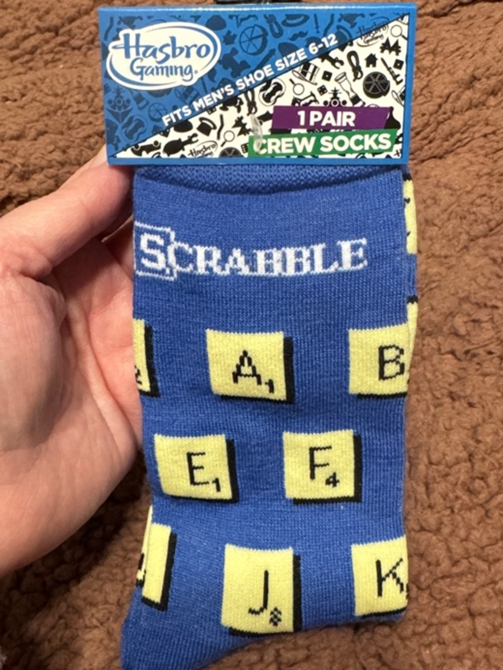 Hasbro Blue Scrabble Tile Crew Socks with Yellow Accents